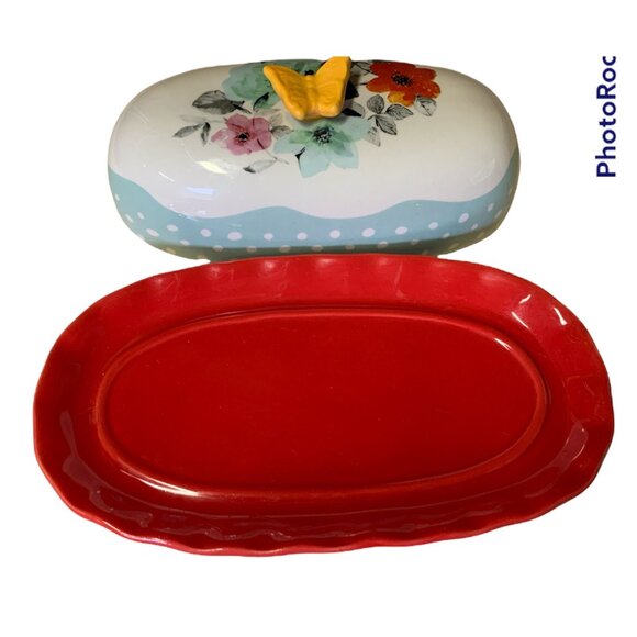 The Pioneer Woman Flea Market Decorated Floral 6.4" Butter Dish Butterfly 2 Pc - Picture 3 of 5